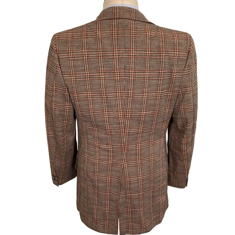 Vintage 70s Curlee Blazer Mens‎ 38R Tan Orange Green Houndstooth Plaid Classic